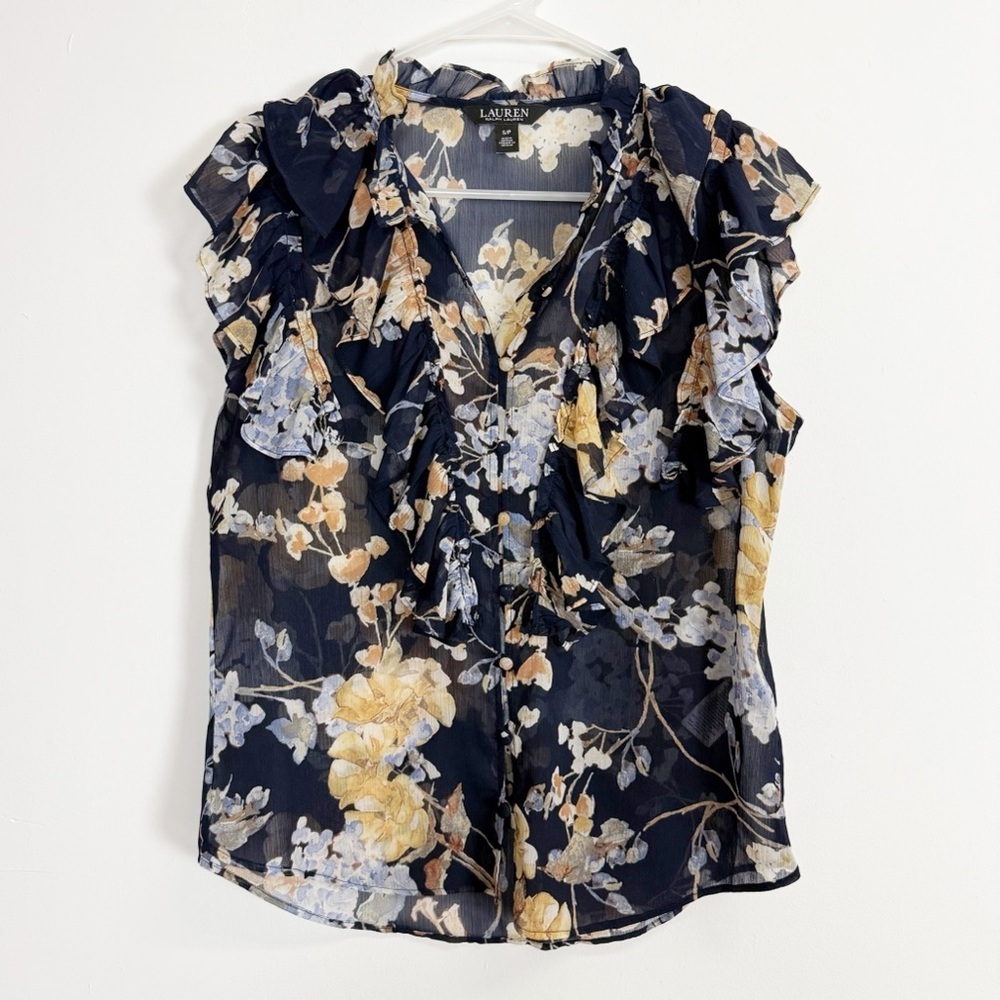 Lauren Ralph Lauren Top Women Small Blue Floral Button Up Blouse Ruffle Sheer